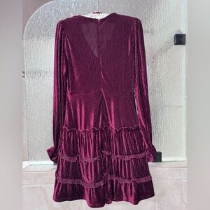 Women’s Burgundy Velvet Ruffle Long-Sleeve Dress